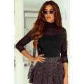 Black High Neck Ruched Mesh Long Sleeve Top