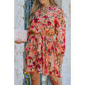 Red Frilled Collar Long Sleeve Floral Dress with Ruffle