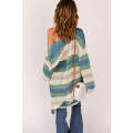 Green Striped Color Block Hollowed Knit Cardigan