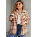 Pink Plus Size Color Block Plaid Long Sleeve Shirt with Pocket