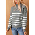 Gray Striped Turtleneck Long Sleeve Sweater with Buttons