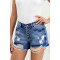 Sky Blue Button-fly High Rise Distressed Denim Shorts