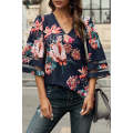 Fiery Red 3/4 Flared Sleeve Floral Blouse