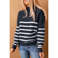 Blue Striped Turtleneck Long Sleeve Sweater with Buttons