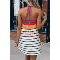 Striped Print Smocked Halter Open Back Fit Flare Dress