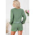 Green Fleece Two-piece Cropped Pullover and Shorts Set