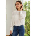 White Padded Shoulder Buttoned Cuffs Pleated Loose Blouse