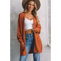 Tomato Red Open Front Textured Knit Cardigan with Pockets