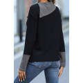 Black Waffle Knit Patchwork Colorblock Asymmetrical Neck Top