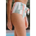 Multicolor Stripes Print Front Tie High Waist Bikini Bottoms