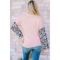 Pink Leopard Sleeve Patchwork Waffle Knit Top