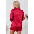 Red 2pcs Satin Leopard Long Sleeve Top and Shorts Lounge Set