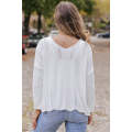 White Hollowed Detail Knitted Loose V Neck Sweater