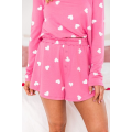 Pink Valentine Heart Print Long Sleeve Tee and Shorts Lounge Set