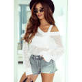 White Hollow Out Knitted Loose Fit V Neck Sweater