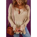 Light French Beige Exposed Seam Slit Neck Waffle Knit Patchwork Top