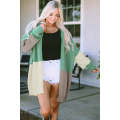 Green Colorblock Draped Open Front Chunky Cardigan