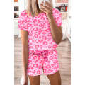 Pink Leopard Print Tee and Satin Tie Shorts Lounge Set