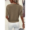 Coffee Round Neck Half Sleeve Ribbed Knit Top