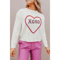 White Heart XOXO Pattern Drop Shoulder Rib Knit Sweater