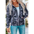 Black Camo Print Zip-up Hooded Coat with Pockets