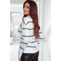 Gray Collared V Neck Striped Knit Top