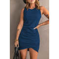 Blue Ruched Arch Hem Round Neck Sleeveless Mini Dress