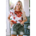 Red Floral Short Sleeve Round Neck Blouse