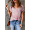 Pink V Neck Floral Print T-shirt