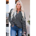 Black Striped Print Ruffled Buttoned Long Sleeve Top