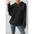 Black Cable Textured Casual Drawstring Hoodie