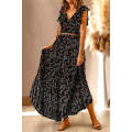 Black Multicolor Floral Ruffled Crop Top and Maxi Skirt Set
