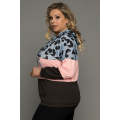 Pink Plus Size Leopard Colorblock Splicing Hoodie with Pocket