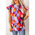 Red Ruffle Cap Sleeve Frill Mock Neck Printed Top