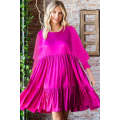 Rose Red Satin Smocked Bubble Sleeve Tiered Dress