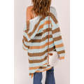 Brown Striped Color Block Hollowed Knit Cardigan