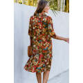 Yellow Paisley Mixed Print Collared 3/4 Sleeve Midi Dress