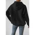 Black Cable Textured Casual Drawstring Hoodie