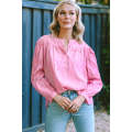 Pirouette Button Split Neck Pleated Puff Sleeve Blouse