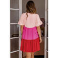 Pink Tie Button V Neck Short Flowy Sleeve Tiered Dress