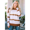White Tie Dye Striped Loose Knitted Long Sleeve Top with Slits