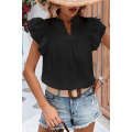 Black Ruffle Accent Flutter Sleeve Notch Neck Top