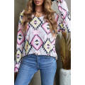 V Neck Striped Aztec Print Twisted Long Sleeve Top