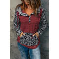 Color Block Leopard Long Sleeves Wine Hoodie