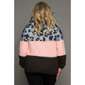 Pink Plus Size Leopard Colorblock Splicing Hoodie with Pocket