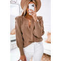 Brown Braided Notched V Neckline Puff Sleeve Knitted Sweater