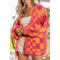 Multicolor Open Front Mixed Checkered Pattern Knit Cardigan