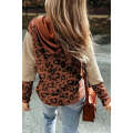 Brown Textured Knit Patchwork Leopard Hoodie