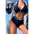 Navy Blue 3pcs Tropical Contrast Trim Halter Bikini Set with Cove up