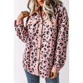 Pink Collared Neckline Flap Pockets Leopard Corduroy Jacket